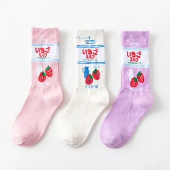 2018 Kawaii Sanat Pamuk Ekip Baskılı komik çoraplar Süt Çilek Sevimli Çorap Kadın Divertidos Karakterler Hip Hop Harajuku Sokken