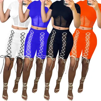 2021 Sheer Mesh See Through Bandaj 2 Parça Kulübü Kıyafetleri Kadınlar için Kısa Kollu Bel Şekilli Kırpma Üst ve Dantel Up midi pantolon seti