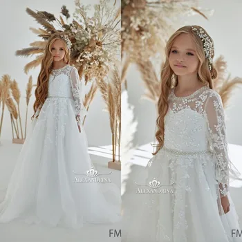 Bohemian Beyaz Çiçek Kız Elbise Boho Uzun Kollu Dantel Boncuk Küçük Çocuklar doğum Günü Partisi Elbiseleri İlk Communion Elbise