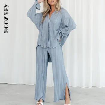 BoozRey kadın Takım Elbise Pilili Gömlek Uzun kollu Yaka Hırka Yarık Pantolon Pijama İki parçalı Set Rahat Zarif Kadın Seti
