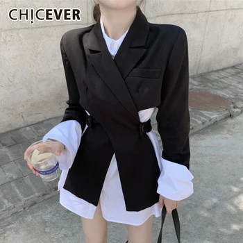CHICEVER Hollow Out Blazers Kadınlar İçin Çentikli Yaka Uzun Kollu Çapraz Backless Patchwork Casual Gevşek Palto Kadın 2021 Elbise