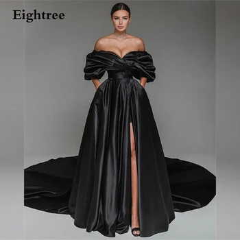 Eightree Kraliyet Siyah Yüksek Yan Bölünmüş Akşam Elbise Kapalı Omuz Sevgiliye Bir Çizgi Resmi Gece Parti Balo Abiye Arapça Elbiseler