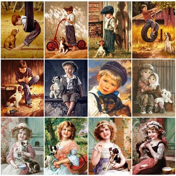 Elmas Boyama Küçük Çocuk ve Köpek 5D Dıy Elmas Nakış Kiti Tam Kare Portre Kız Resim Mozaik Taklidi Ev Dekor
