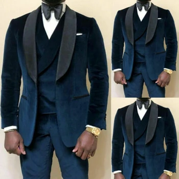 Erkek kadife 3 parçalı şal yaka düğün damat smokin iş Slim Fit Blazer + pantolon + yelek