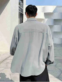 Gri erkek Kolye Tasarım Tek Cep Gömlek 2022 Yeni Gelgit Yaka Yaka Uzun Kollu Casual Bluz İlkbahar Yaz 2A0885