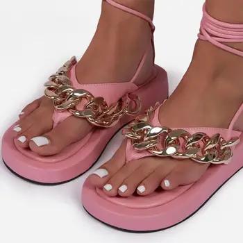 Kadın 2022 Moda Zinciri Flip Flop Sandalet Ayakkabı Kadın Klip Ayak Tanga Platformu Lace Up Bayanlar Rahat Gladyatör Sandalet Ayakkabı