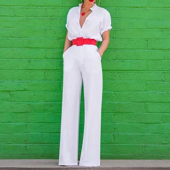 Kadın V Boyun İki Parçalı Set Yaz Rahat Cep Geniş Bacak Takım Elbise Seti Zarif Ofis Bayan Katı Kısa Kollu Düğme Tulum Kıyafet