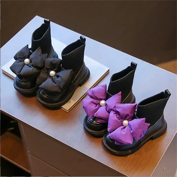 Kız Çorap Çizmeler Çiçek Mor Siyah Slip-on Sonbahar çocuk bileğe kadar bot Tatlı Tüm Maç Şık 26-36 Sonbahar Çocuklar düz ayakkabı