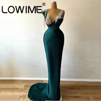 Mavi Seksi Derin V Boyun Uzun Mermaid Saten Abiye Kristal Resmi Gömme Arapça Akşam Yemeği Parti Balo Abiye Artı Boyutu Kıyafetler