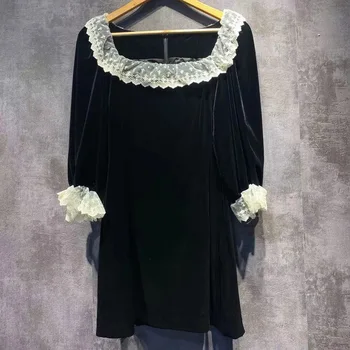Ofis Bayan Zarif Siyah Kadife Elbise Vintage Dantel Kare Yaka Uzun Kollu yaz elbisesi 2022 Rahat Yüksek Bel Mini Vestidos