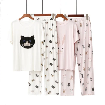 Pijama Set Sevimli Karikatür Kedi Tavşan Modal Elastik Bel Pijamas Takım Pijama Kısa Kollu Gevşek Rahat Kadın Ev Giysileri