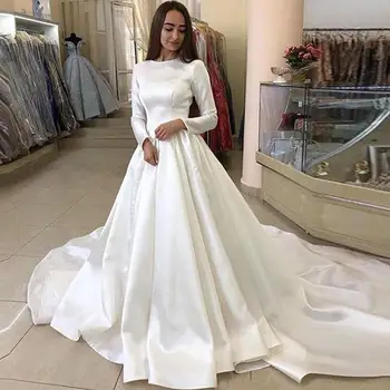 Vintage Uzun Kollu Saten Gelinlik Jewel Boyun Mahkemesi Tren Artı Boyutu Düğün gelinlikler vestidos de novia