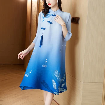 Yeni Bahar Sonbahar Kadın Çin Cheongsam Elbise Yüksek Kalite Moda Kıvrımlar Baskı Degrade Renk Zarif Elbise