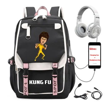 Çin Kungfu Yıldız Karikatür sırt çantası öğrenci Okul kitap Çantası Kadın erkek Seyahat Sırt çantası USB Şarj gençler Laptop packsack